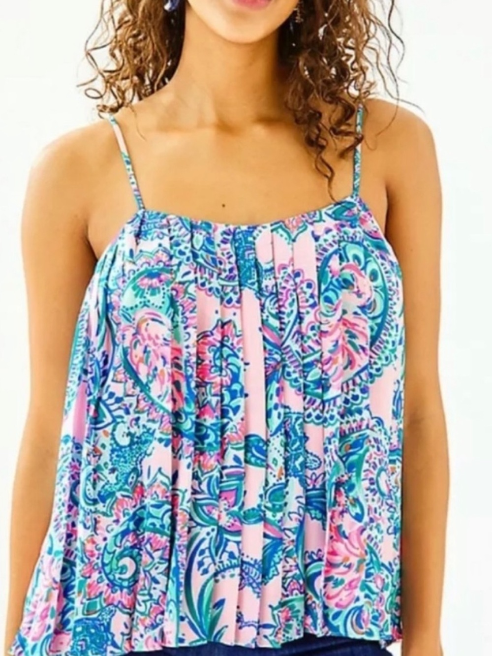 Lilly Pulitzer Rein Pleated Tank Top Pink Tropics Tint Tangerine Dream Large